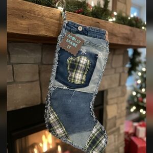 Upcycled Molly Made It Design Stocking  Hand Crafted Mitten Plaid & Blue Jean
